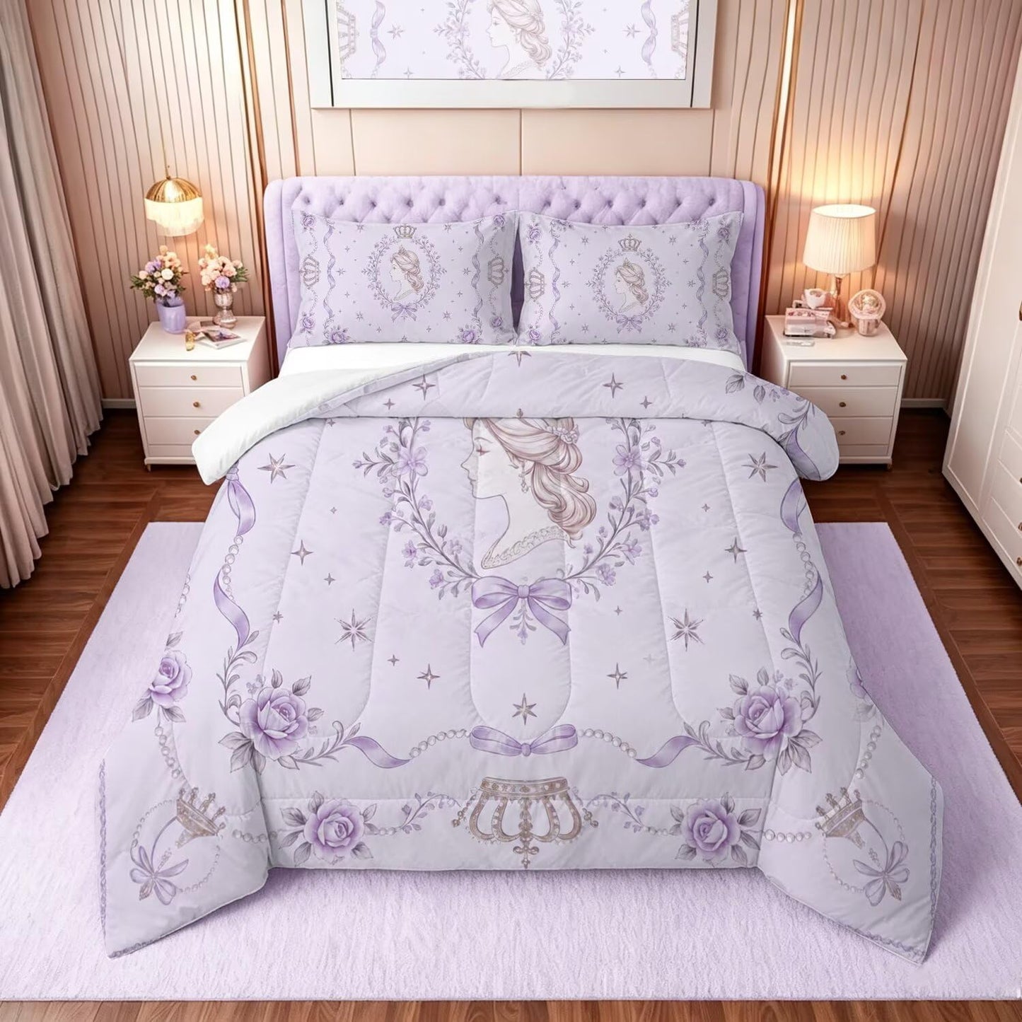 VTKON Purple Twin Princess Bedding Kids Quilt 1 Comforter + 1 Pillowcase