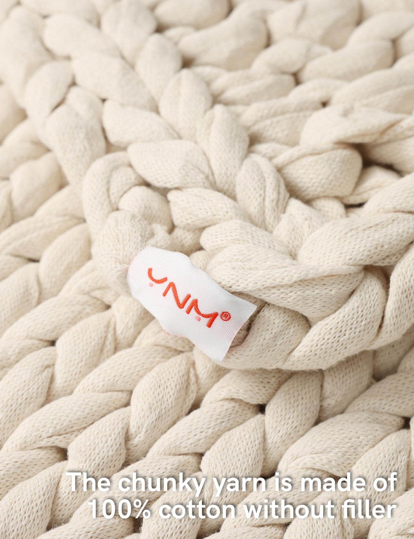 YnM Cotton Weighted Blanket, Handmade Chunky Knitted Design, Soft and Cozy, Temperature Regulating and Breathable, Machine Washable Throw for Sleep or Home Decor (Cream White, 43x50 Inch, 10lbs)