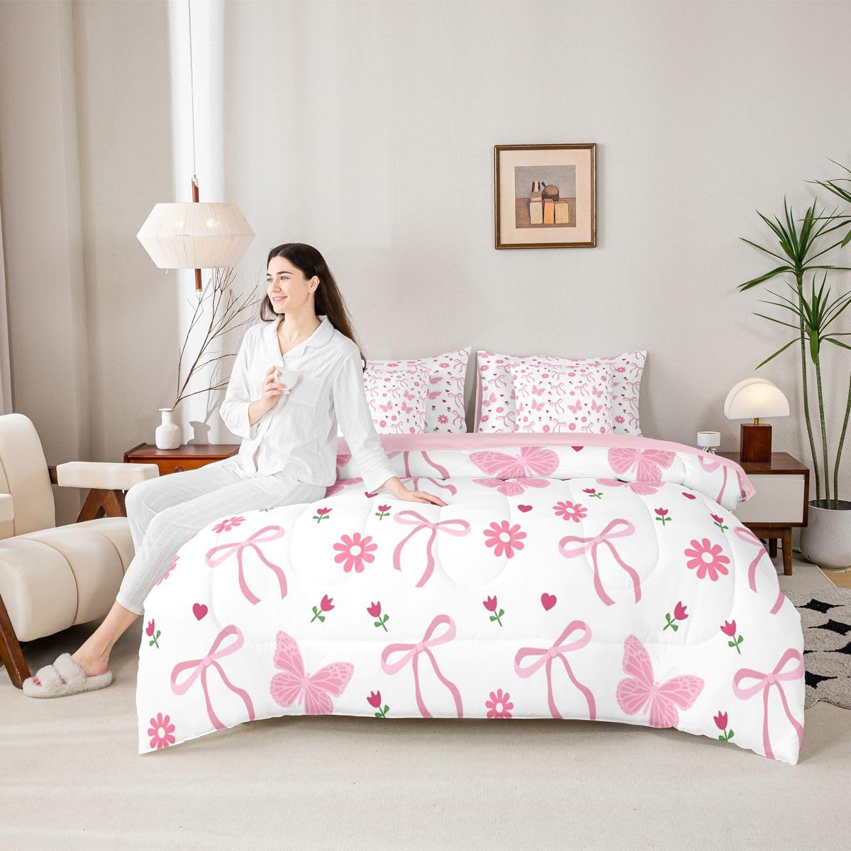 Erosebridal Butterfly Floral Bow Pink Girls Full Comforter Set 7 Pieces | Ribbon Daisy Coquette Bed in A Bag for Bedroom Flowers Kawaii Cute Bedding Set with Comforters Flowers Kawaii Cute Room Decor