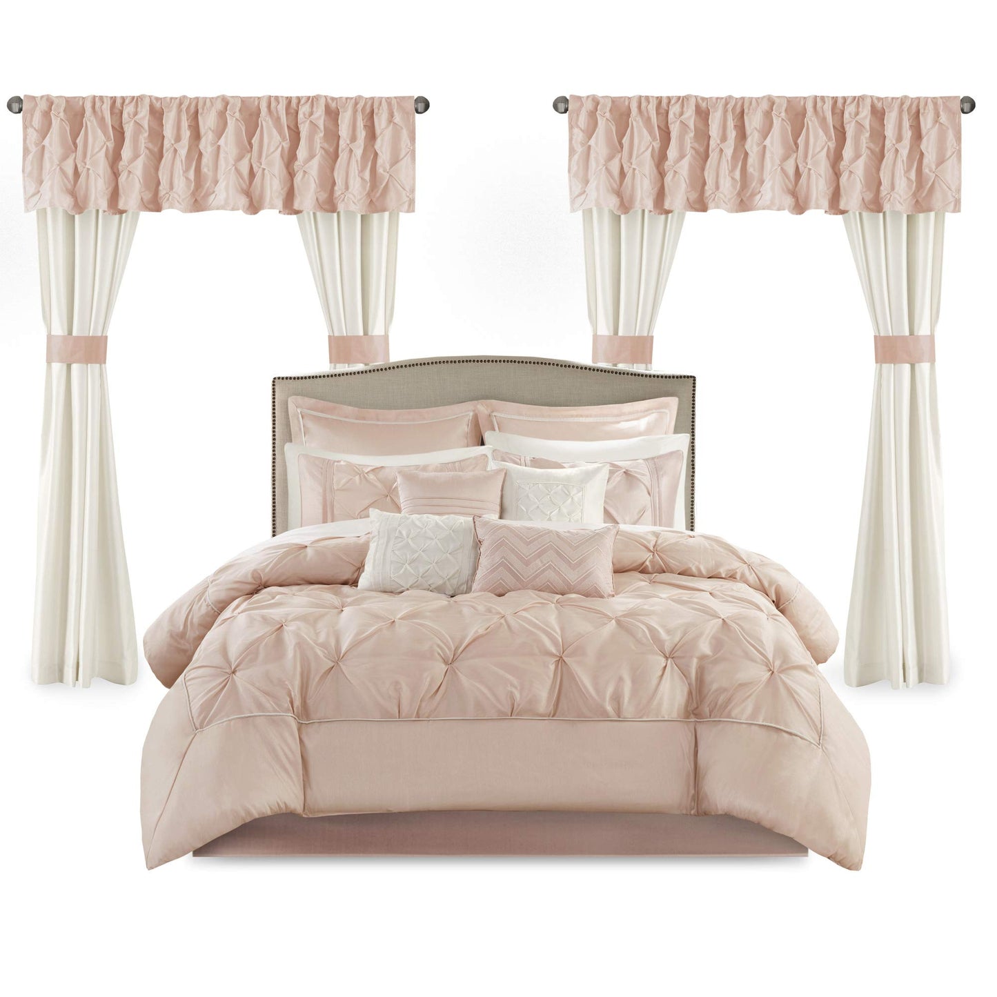Madison Park Essentials Room in a Bag Faux Silk Comforter Set - Luxe Diamond Tufting All Season Bedding, Matching Curtains, Decorative Pillows, Blush King(104"x92") 24 Piece