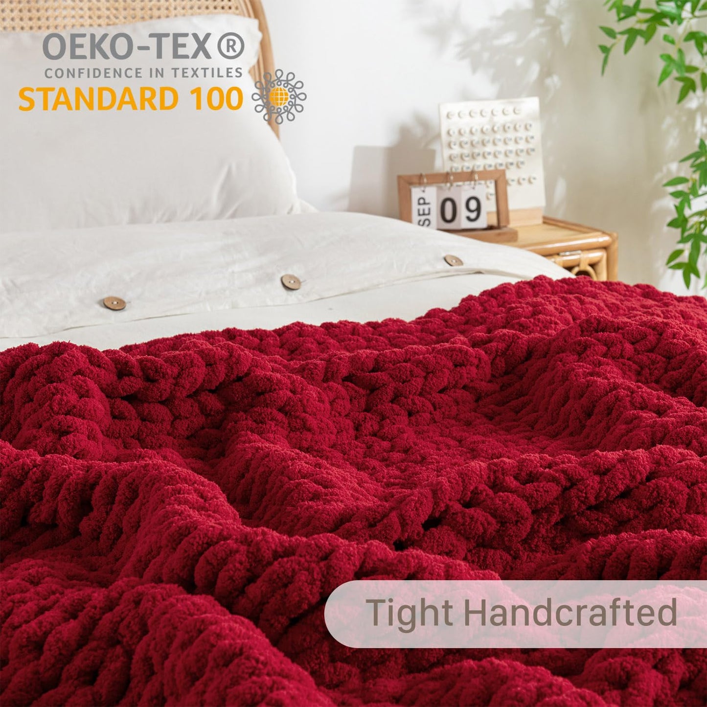 LAST MODA Chunky Knit Blanket Throw, 100% Hand Knit Throw Blanket Handmade Chenille Cable Knit Throw for Couch, Stylish Cozy Soft Rope Knot Crochet Blanket for Home Decor, Red, 50x60 Inches
