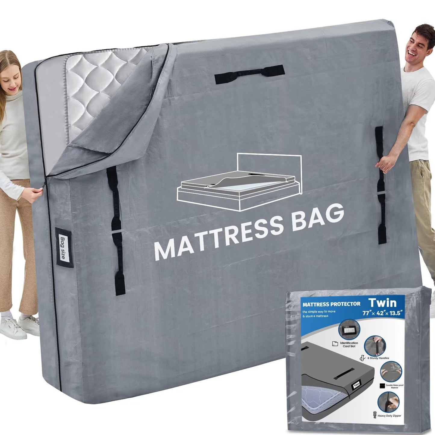 Mattress Bags for Moving and Storage, BETU Twin Mattress Protector Waterproof Mattress Cover with 8 Heavy Duty Handles and Zipper Extra Thick Moving Supplies for Dorm Bed Reusable (77x42x13.5 Grey)