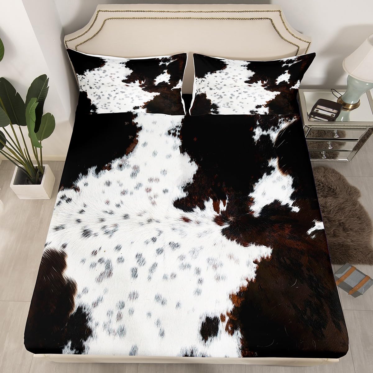 Abstract Cow Fur Print Fitted Sheet Full Size, White Brown Cowhide Print Bedding Set(No Top Sheet), Animal Skin Print Bed Cover with 2 Pillowcases, Kids Boys Girls Room Decor, Soft Polyester Bedding