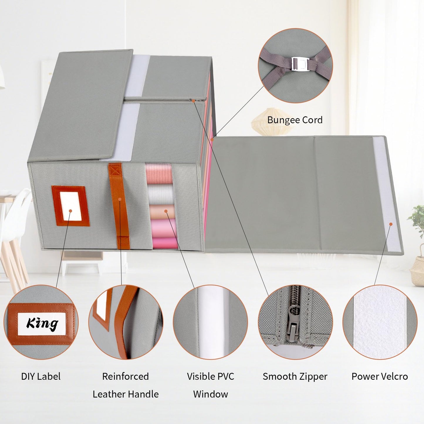 Jumpso Extra Large Bed Sheet Organizer, 2 Pack Foldable Sheet Organizers and Storage with Oxford Fabric, Clear PVC Window & Leather Handle – Storage for Bedding, Blankets, Duvet Cover Set, Quilt