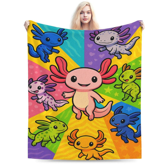 Qycazzw Colorful Axolotl Cartoon Blanket Gifts for Women Kids, Cute Salamander Theme Flannel Blankets, Warm Cozy Soft Throw for Bedroom, Camping, Couch, Decor 50x60 in