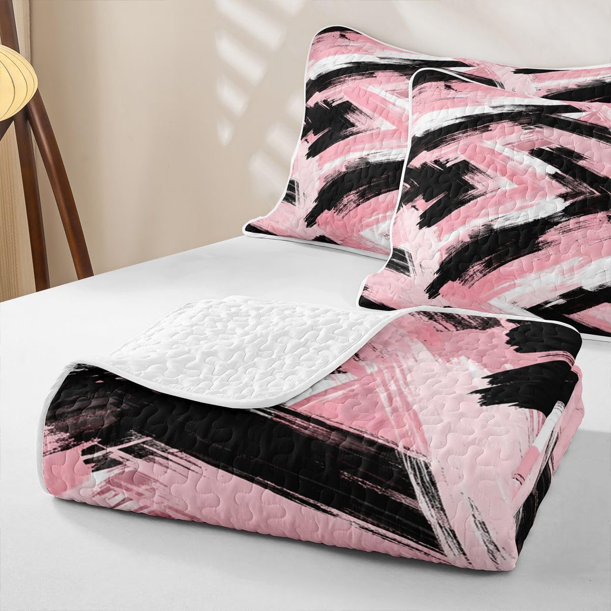 Feelyou Pink Black White Bedding Set Kids Abstract Quilt Sets Queen Size Modern Stripes Bedspread Coverlet for Room Soft Modern with 2 Pillow Case