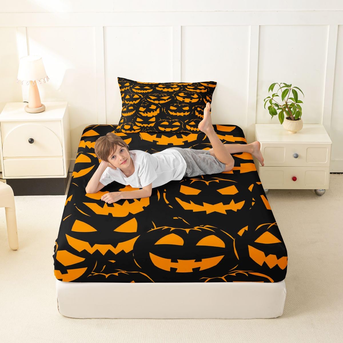 Feelyou Spooky Pumpkin Fitted Sheet with 1 Pillowcase Twin Size Halloween Themed Bed Sheets Set 16" Deep Pocket Boys Girls Trick or Treat Bedding Teens Bedroom Decor Lightweight Microfiber