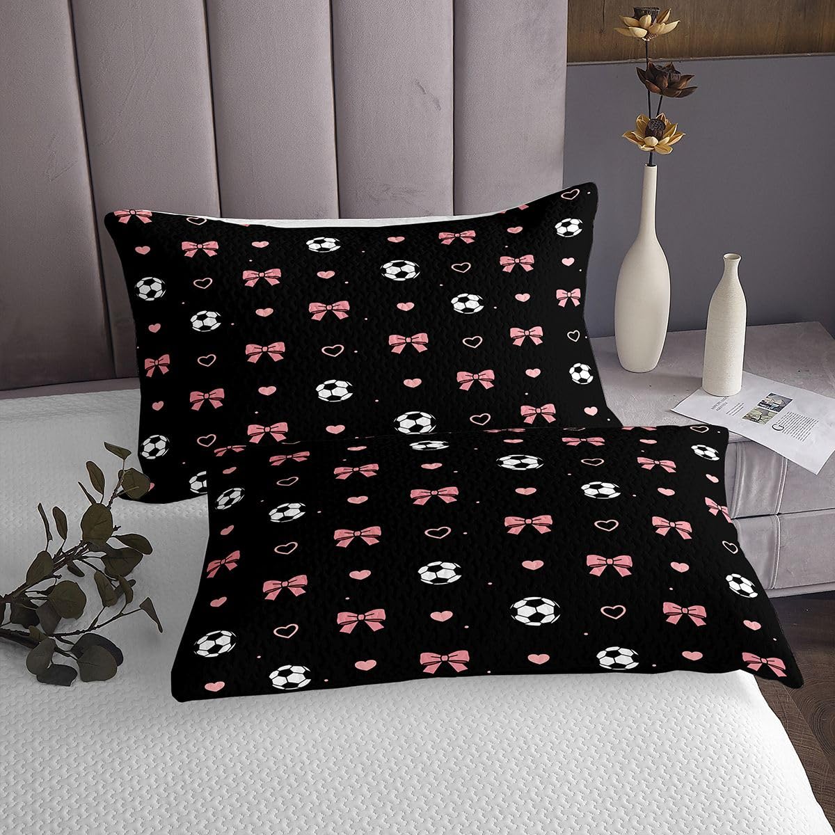 jejeloiu Bow Bedspread Queen Size Football Coverlet Set Cute Bowknot Quilted Coverlet for All Season with 2 Pillowcases Microfiber Lightweight