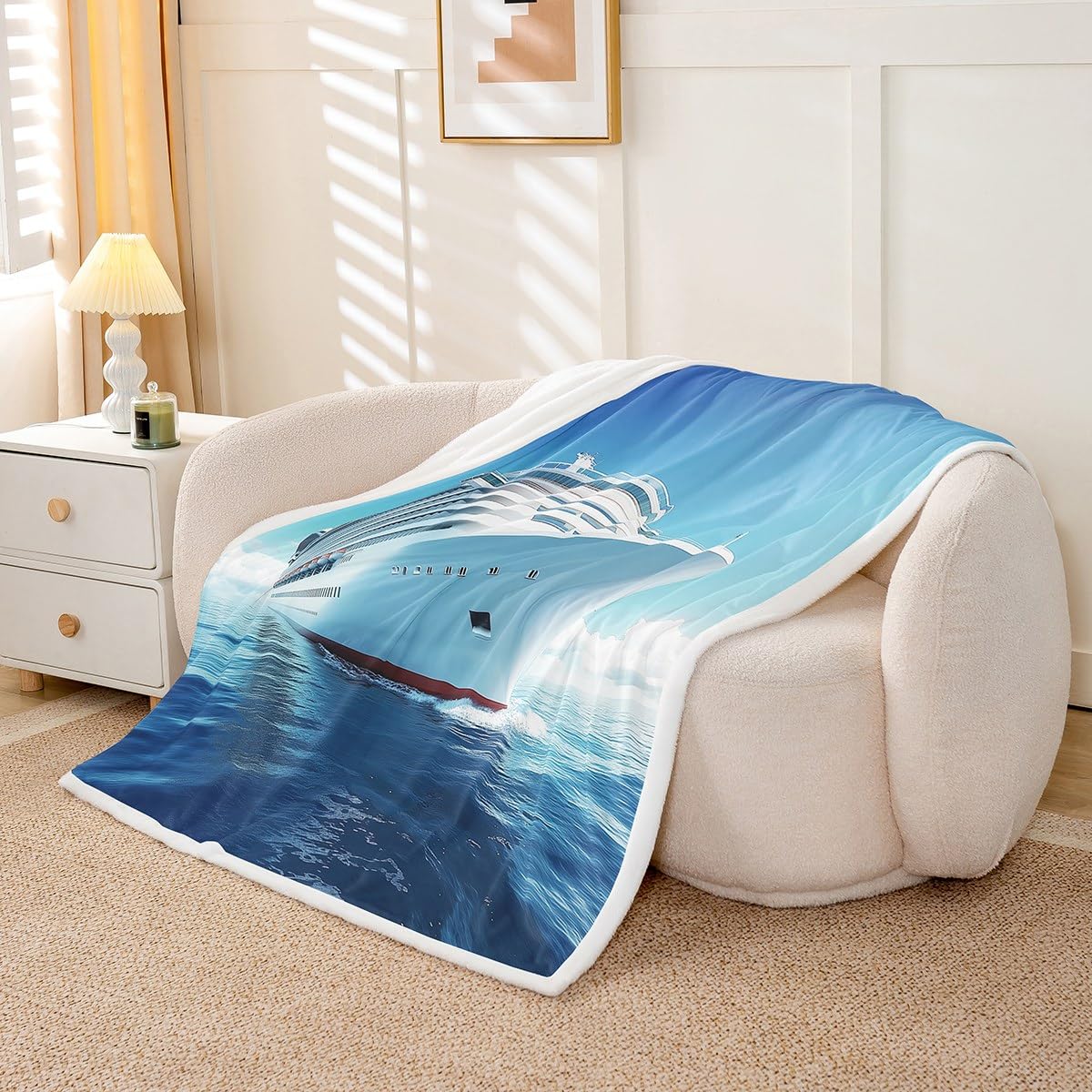Hawaiian Ocean Sherpa Throw Blanket - Sea Ship Printed Fleece for Sofa Couch - Cruise Ship Fuzzy Plush for Women Summer Holiday Vacation - Room Decor Flannel Throw 50"x60"