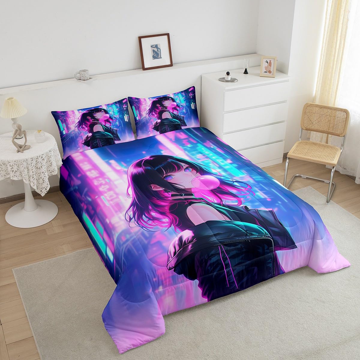 Erosebridal Anime Girl Comforter Set Full Size, Kawaii Japanese Anime Quilt for Kids Boys Teens Adult, Cartoon Girl Bedding Set Japan Animation Bedroom Decor, Machine Washable, Lightweight