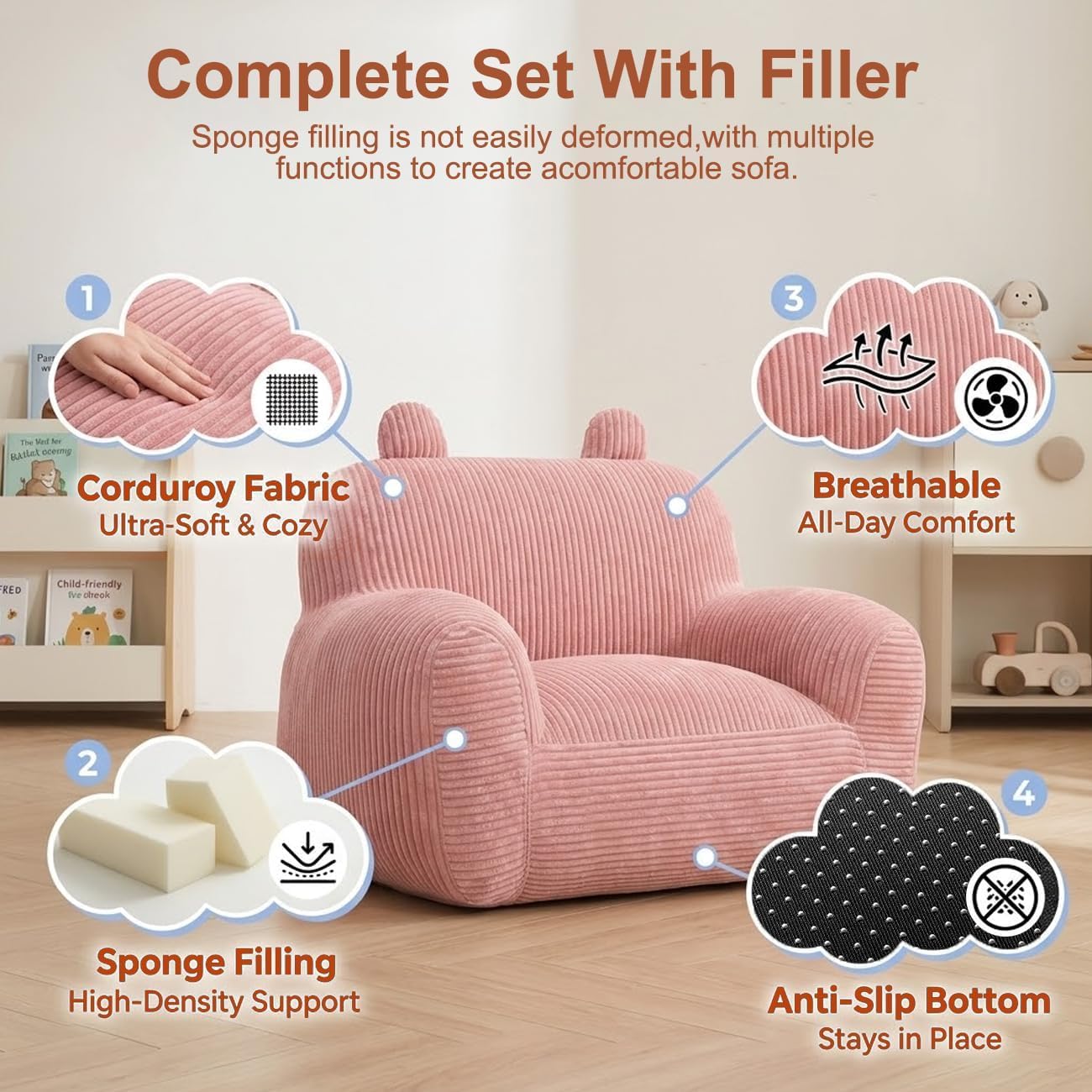 Kids Bean Bag Chair Sofa with Filler Stuffed Filling Memory Foam Lazy Comfy Chairs Boys Girls Gaming Reading Relaxing Cute Living Room Bedroom Cozy Pocket Floor Relaxing Sofa