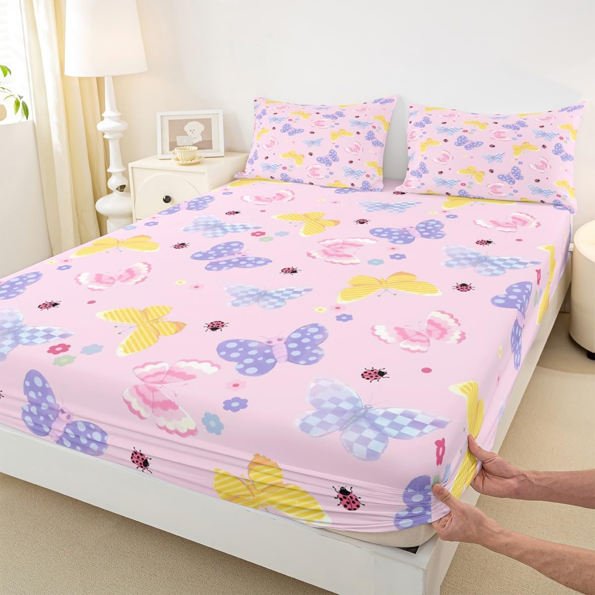 Feelyou Butterflies Fitted Sheet Twin Size for Kids Boys Girls Butterfly Printed Pattern Bed Sheets Set 16" Deep Pocket Cute Flowers Bedding with 1 Pillowcase Purple Blue Checked Room Decor