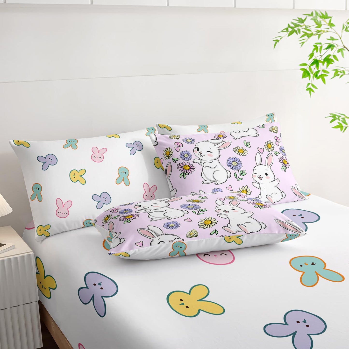 AILONEN Floral Rabbit Comforter Set Twin Size,7-Piece Soft Bed in a Bag, Cute Bunny Kawaii Comforter & Fitted Sheet & Flat Sheet & 2 Pillowcases,2 Pillow Shams