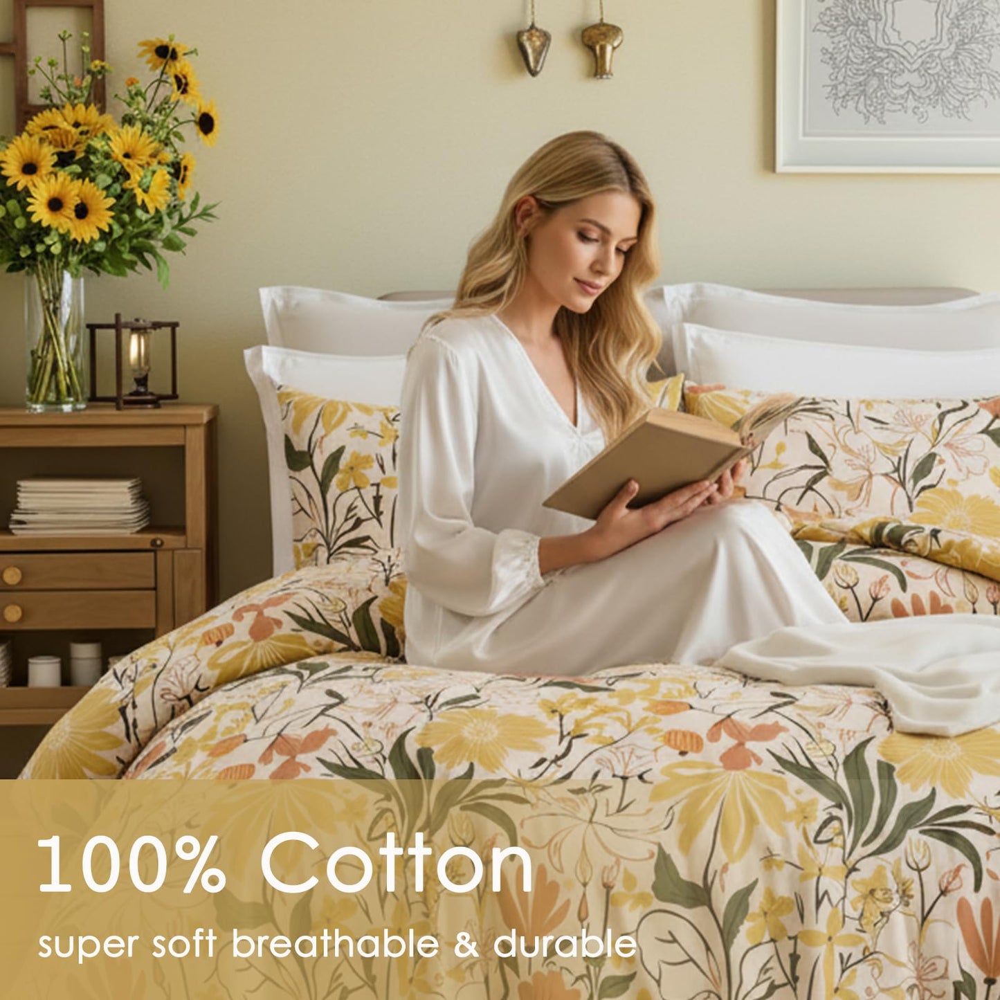 Bedorm 100% Cotton Comforter Set Queen Floral Bedding Set Yellow Flower Green Leaf Print French Country Bedding Extra Soft & Breathable Bedroom Comforter