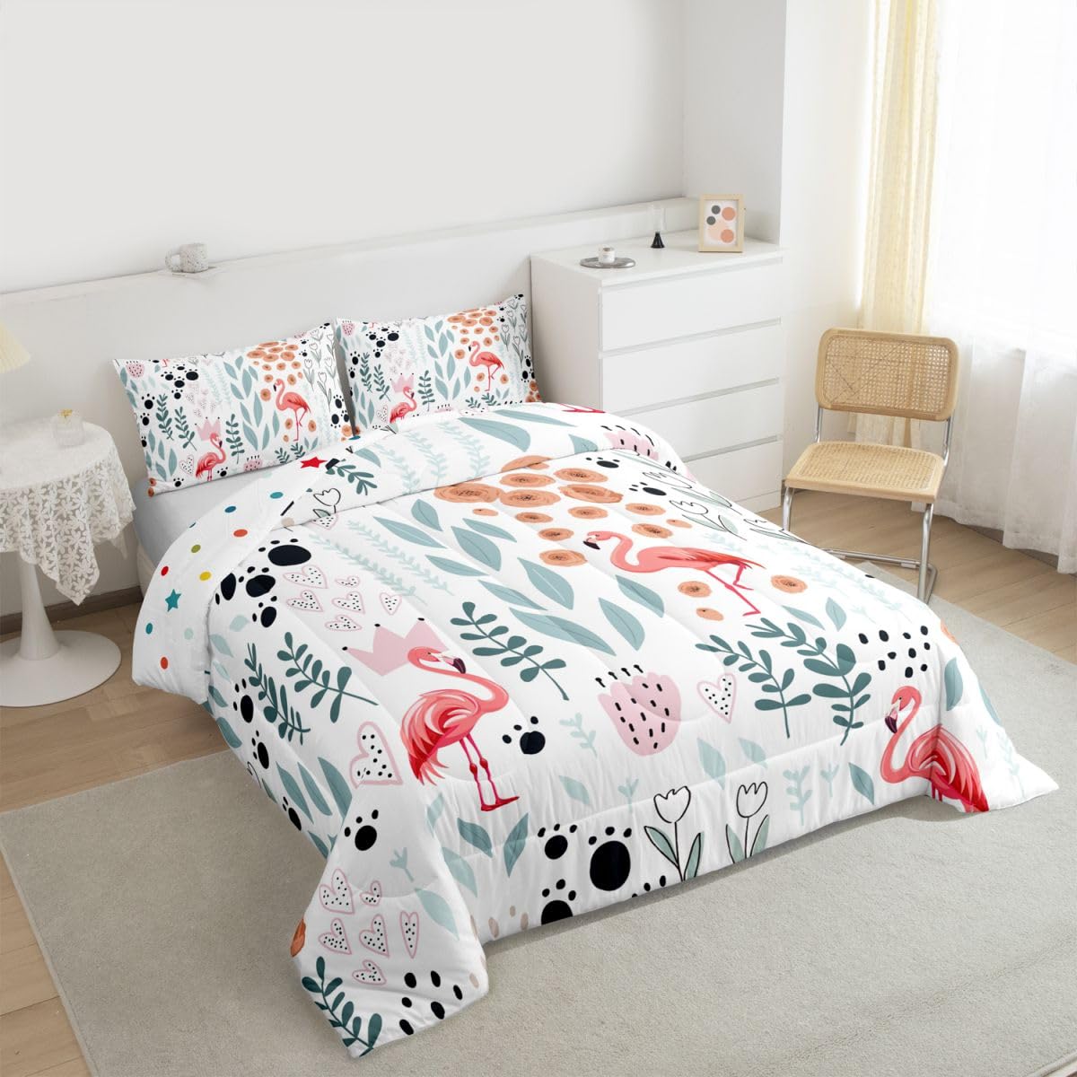 Erosebridal Kawaii Pink Flamingo Bedding Set Twin,Cartoon Flamingo Comforter Set for Kids Girls Boys,Cute Love Heart Leaf Flower Comforter Set,Paw Print Animal Quilt Bed Set with 1 Pillow Case