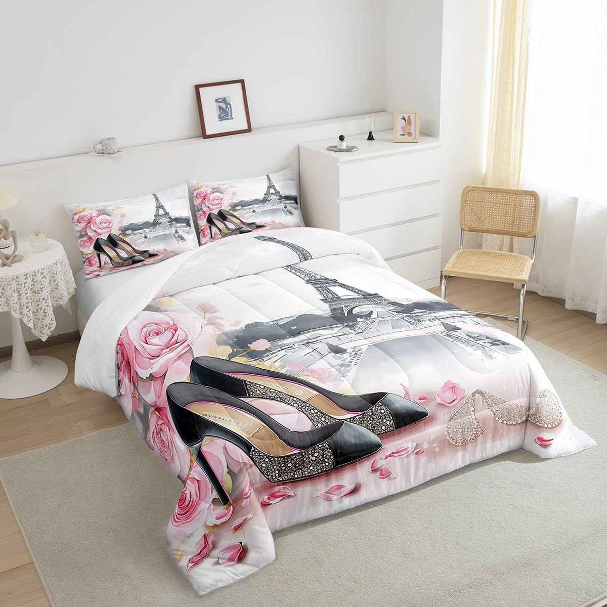 High-Heeled Shoes Princess Kids Comforter Set Queen Size,Roses Flowers Paris Eiffel Tower Bedding Set,Women Girls Room Decor,Glitter Diamond Romantic Down Comforter,Pink Duvet Insert,2 Pillowcases