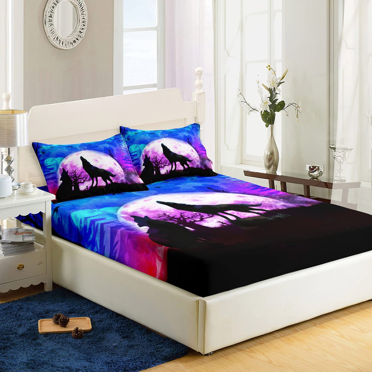 XYNHML Wolf Bed Sheet Set Galaxy Wolf Night Moon Bedding Set for Kids Teens Room Decor Wild Animals Bed Cover with 2 Pillowcases
