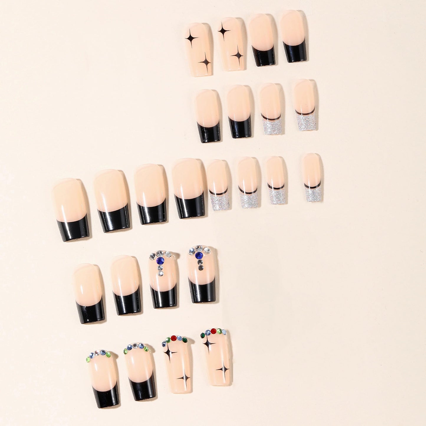 MERVF Press on Nails Long Square, Black French Tip Fake Nails Rhinestones Charms Glue ons Star Design Acrylic Nail Luxury Glossy 24pcs