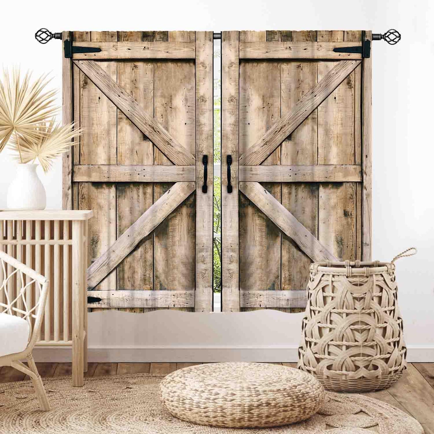 TKUYO Barn Door Curtains, Farmhouse Rustic Wooden Barnwood Garage Gate Cottage Country Western Style Window Treatments Drapes for Bedroom Living Room Kitchen 2 Panels, 55x39 Inch