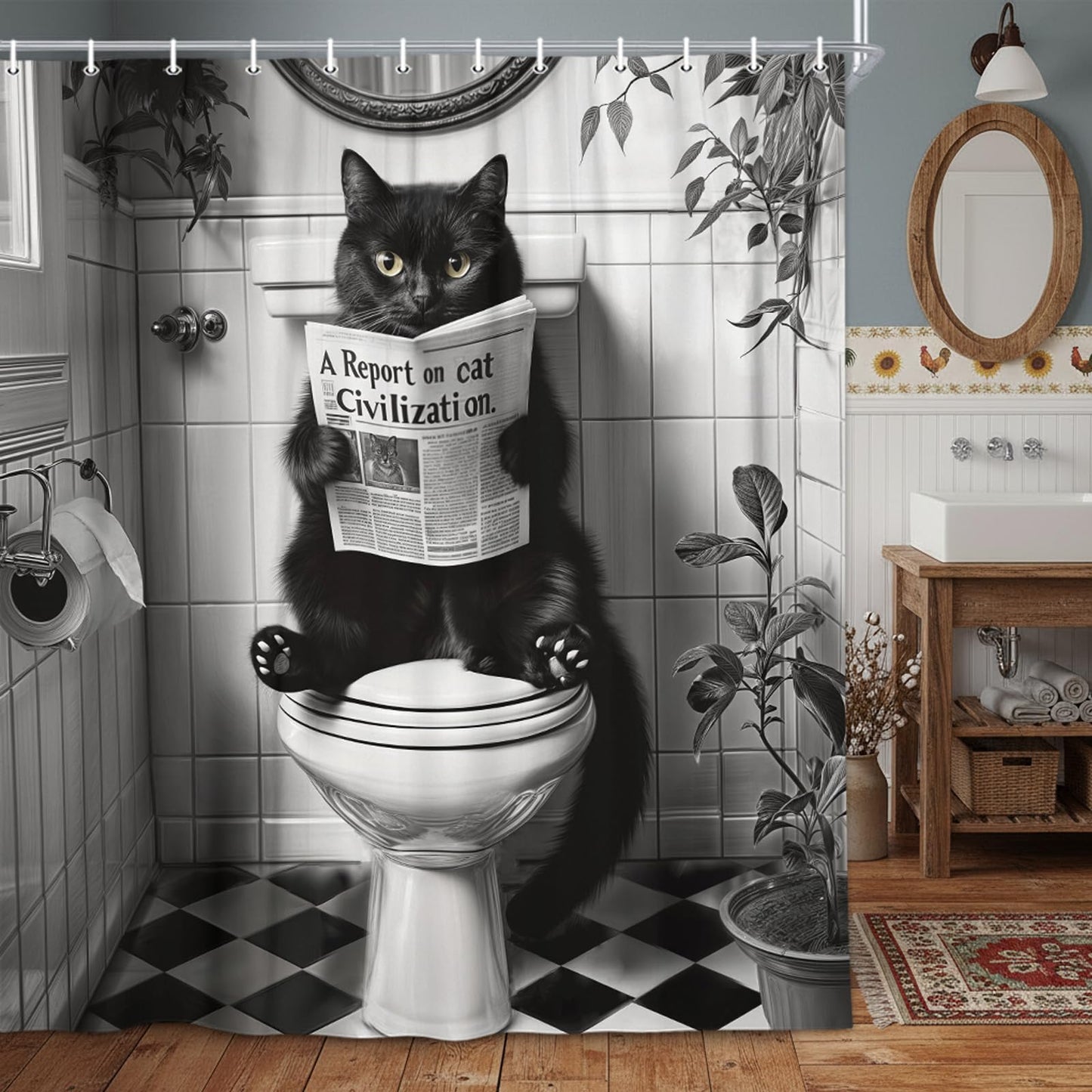 JAWO Funny Cat Shower Curtain, Humorous Black Cat Animal Sitting on Toilet Reading Newspaper Fun Shower Curtains Set, Black White Retro Waterproof Fabric Bathroom Decor Bath Curtain, 72x72 Inch