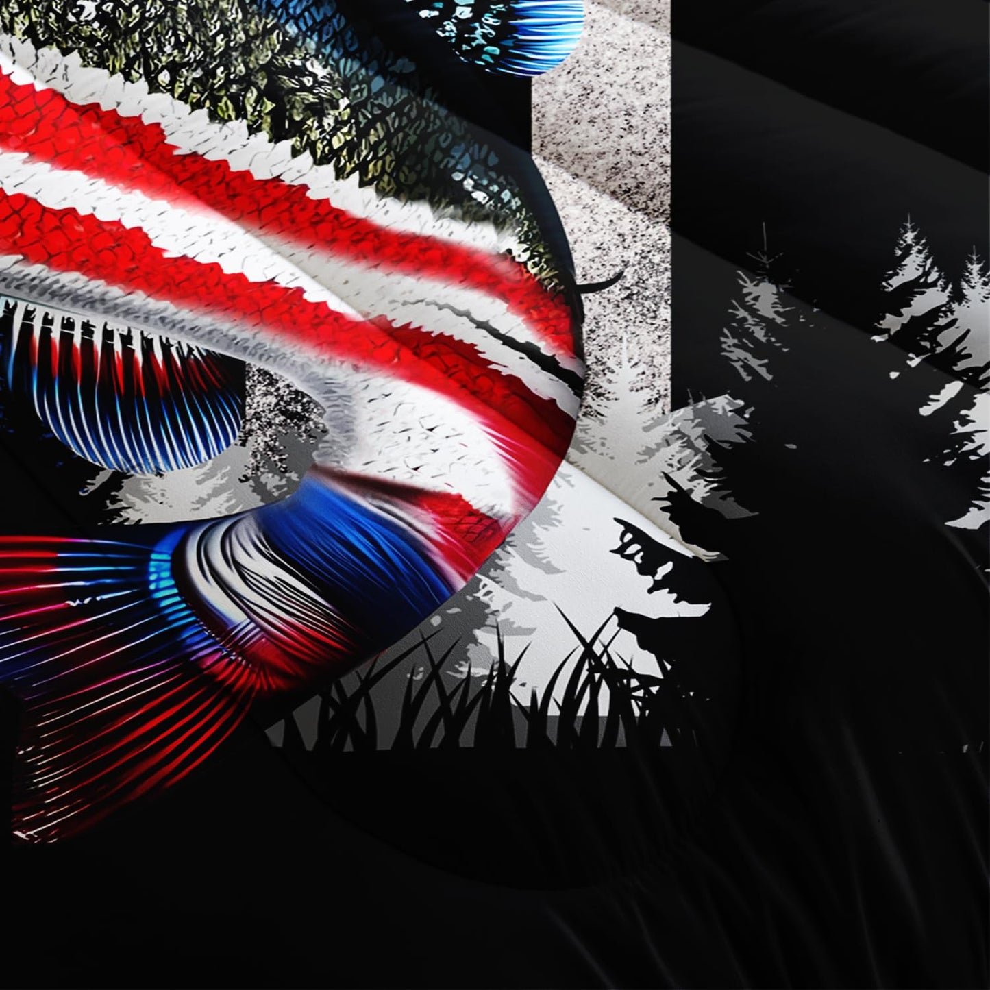 HOSIMA Soft Microfiber Black Full Size Comforter with 2 Pillowcases,American Flag Striped Bass Pattern Bedding Sets,Fishing Comforter Kids Men Boys Room Decor,Bed in a Bag Full Size for Teens.
