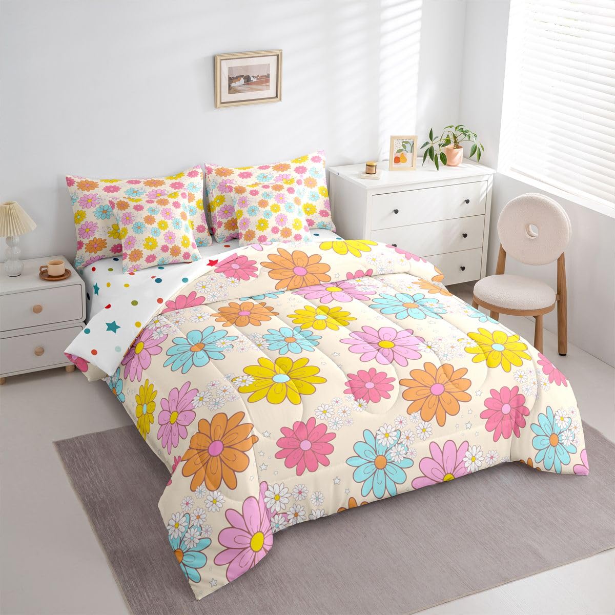 Erosebridal Cartoon Flower 7 Pcs Bedding Set Twin Size for Teen Girls Cute Floral Comforter Set with Sheets for Kids Young Women Blue Yellow Pink Bed in A Bag Kawaii Daisy Bed Sets All Season
