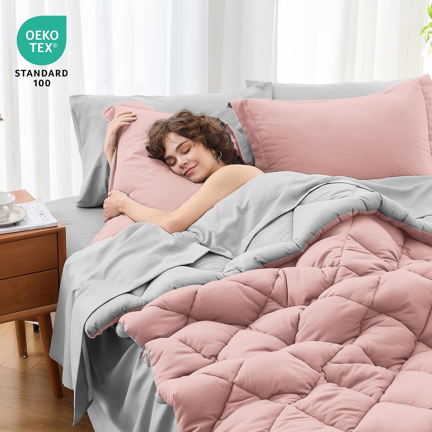 MUXHOMO 7 Pieces California King Comforter Set, Reversible Bed in a Bag Cal King Size, All Season Bedding Set with Comforter, Flat Sheet, Fitted Sheet, Pillowcases & Shams, Pink & Light Grey