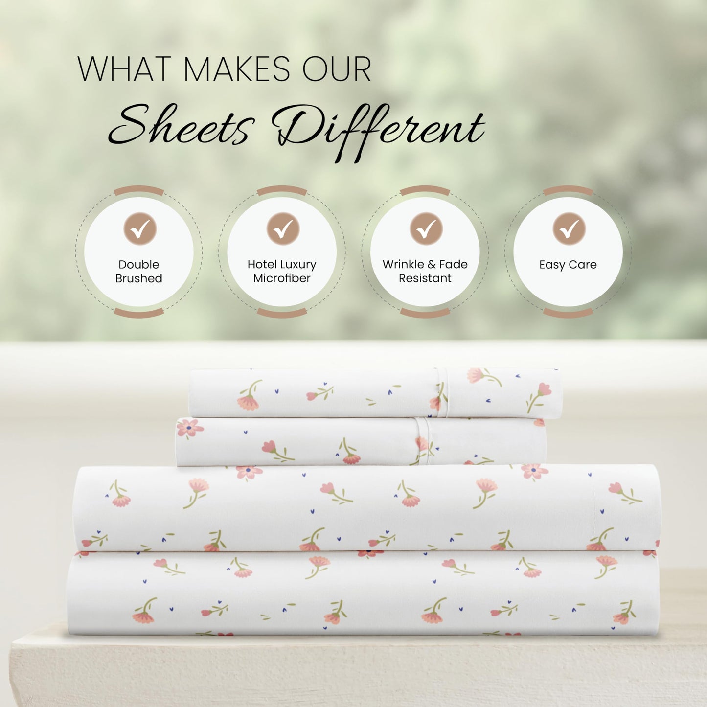 Linen Market Double-Brushed Patterned Microfiber Full Sheet Set 4 Piece – Oeko-TEX Certified Ultra Soft & Wrinkle-Free - 16" Deep Pocket Sheets - Easy Care Full Size - Soft Floral Pink