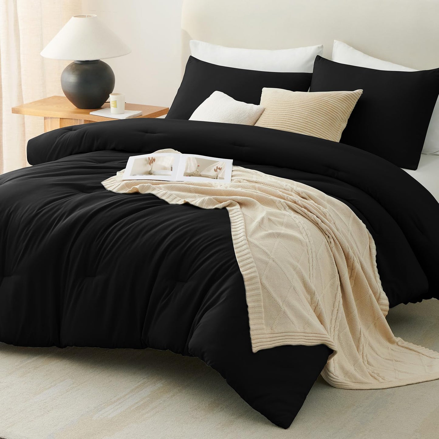CozyLux Queen Comforter Set Black, 3 Pieces Lightweight Comforters Queen Size Quilted Bedding Sets, All Season Breathable Solid Down Alternative Comforter with 2 Pillowcases, Bed Set Gift for Home