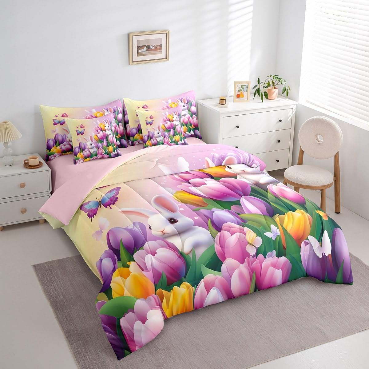Erosebridal Pastel Tulip King Comforter Set 7 Piece Spring Tulip Flowers Bedding Set Pink Purple Garden Floral Bed in A Bag Cute Kawaii Rabbit Sheet Set with Comforter for Kids Boys Girls