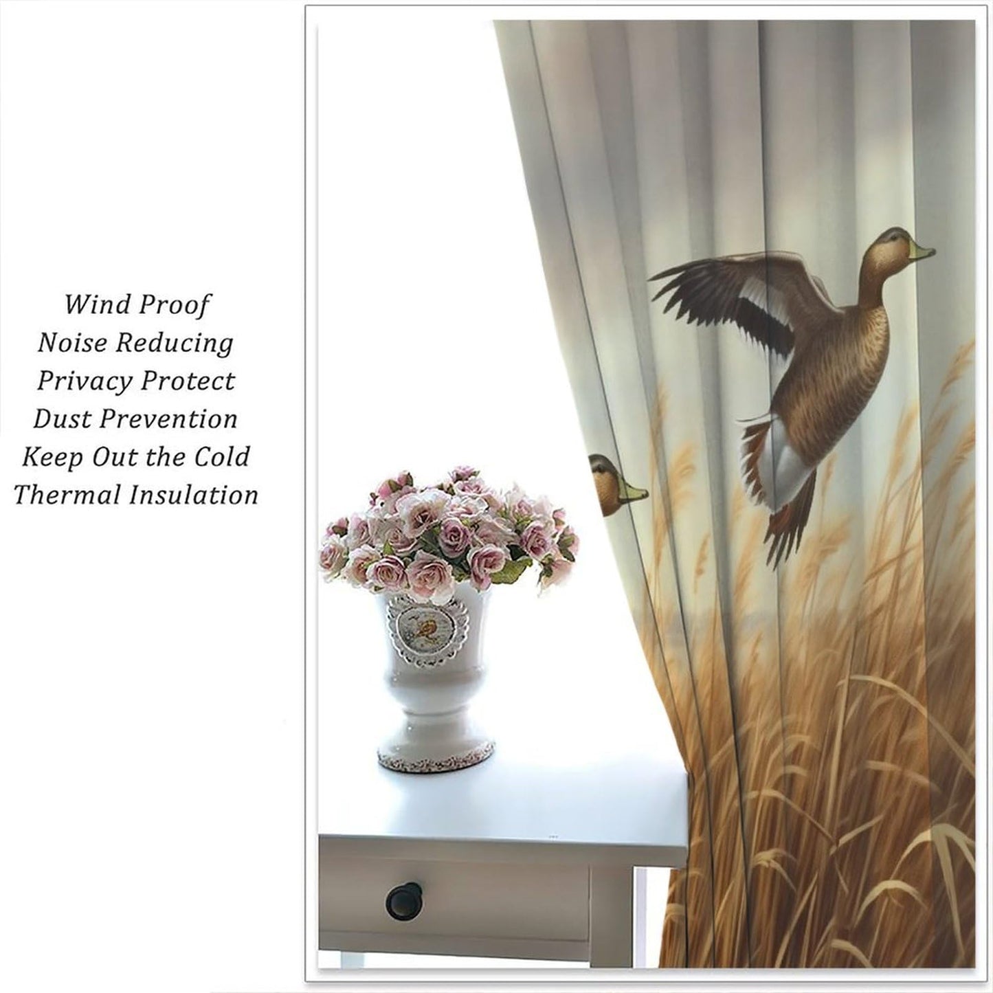 wlsgdsg Mallard Duck Curtains, Vintage Rustic Oil Painting Brown Reeds Pond Lodge Hunting Mallard Duck Animals Windows Treatments Drapes for Living Room Bedroom 42x45in（No Blackout）