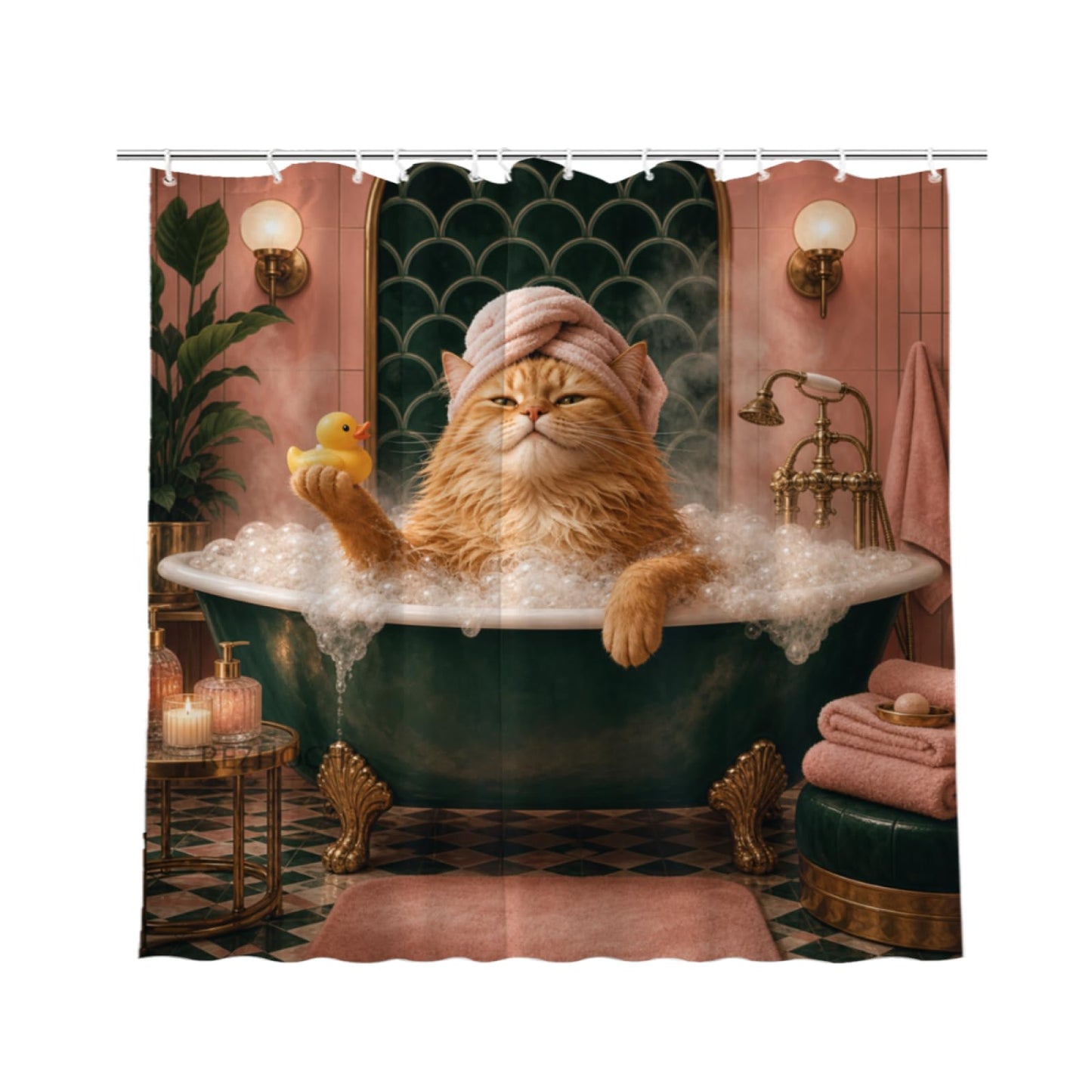 REZHOCH Funny Cat Shower Curtain 72x72 Inch Orange Kitty Bubble Bath Pink Green Luxury Bathroom Rubber Duck Cute Animal Decor Bath Set with Hooks