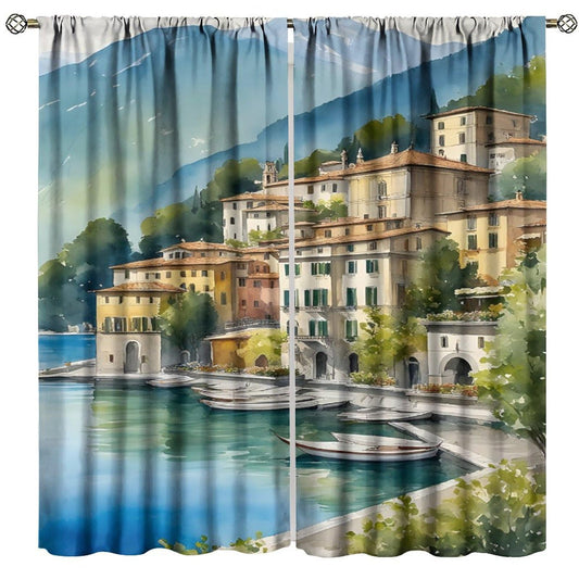 Mediterranean Villa Curtains, Light Filtering Drapes for Bedroom Living Room Kitchen, Lake Village Landscape Decor Window Treatments, 20.5" W x 44.5" L, 2 Panels （No Blackout）