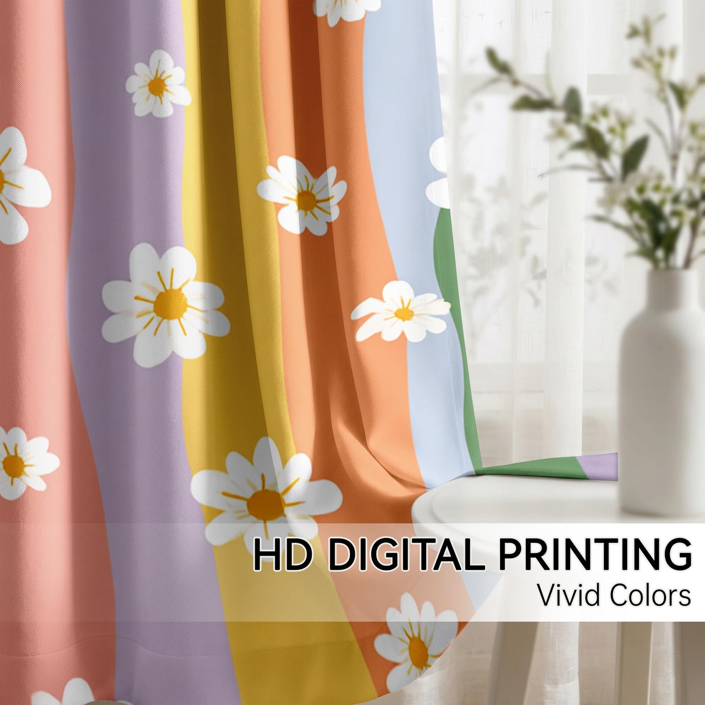 Mistwalk Retro 70s Daisy Blackout Curtains for Bedroom & Living Room, 63 Inch Curtains 2 Panel Set, Room Darkening Thermal Insulated Grommet Drapes, Girls Rainbow Floral Patterned Window Treatments