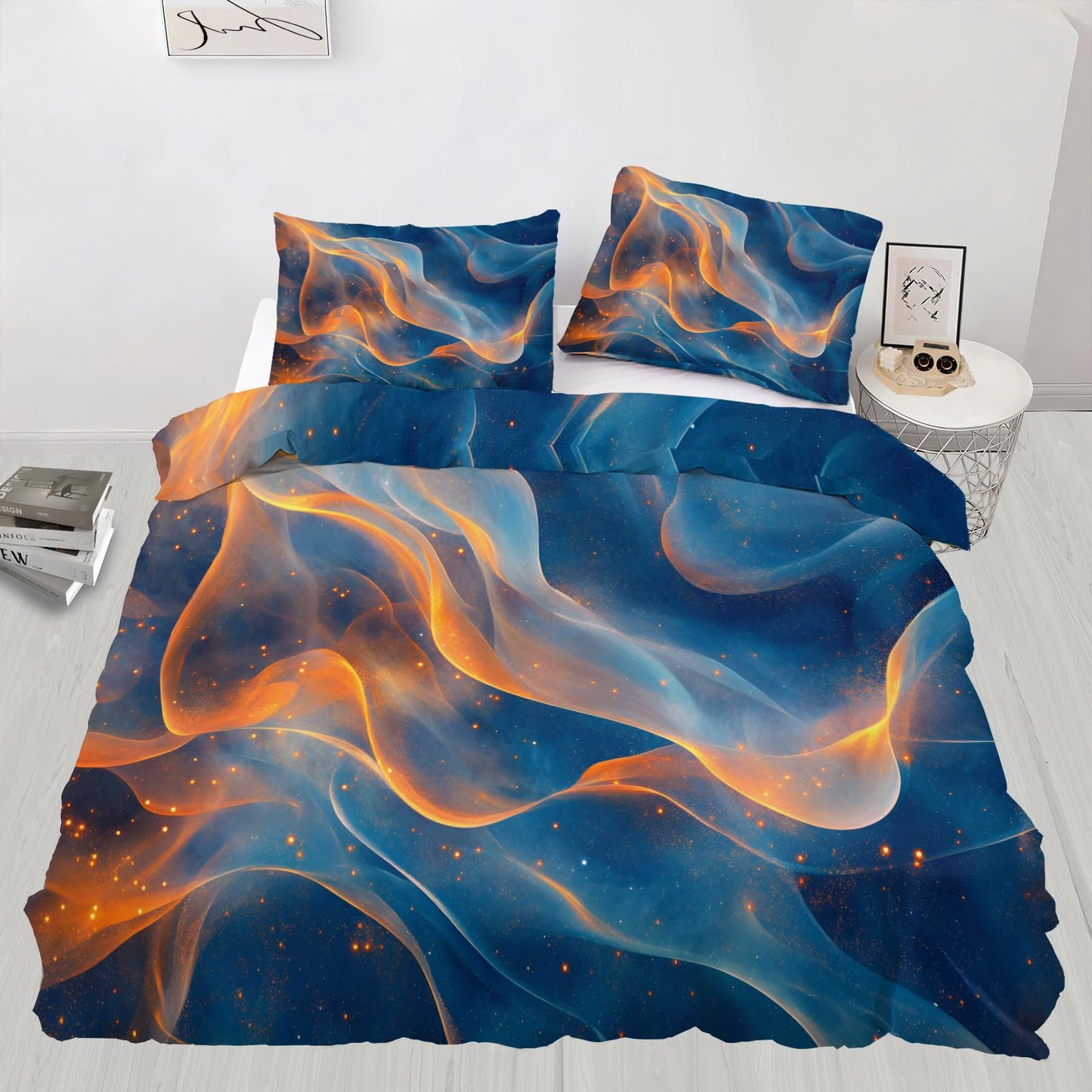 GKPLY Blue Bedding Duvet Cover, Golden Comforter Set with Zipper, Abstract Duvet Cover Twin, 3 Pieces with 2 Pillowcases, Reversible Bedding & Bedroom Decor, Easy Care