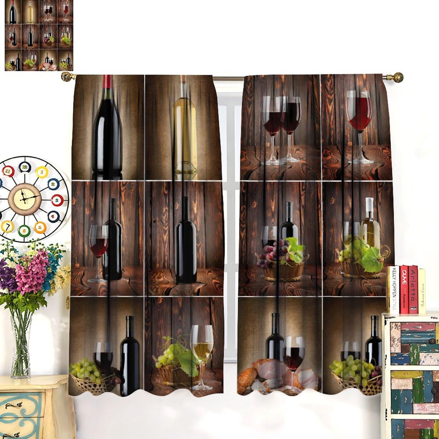 BenYaSong Wine Decor Window Curtain Wine Themed Collage on Wooden Backdrop with Grapes and Meat Rustic Country Drink for Home Kitchen Livingroom Coffee Room Window Curtain Drapes 2 Panels 42x45 Inch