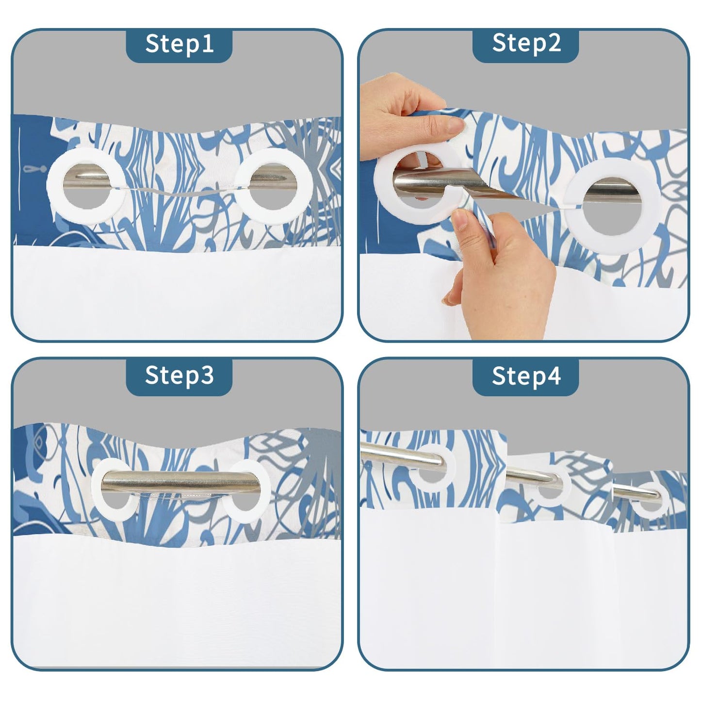 No Hook Shower Curtain with Snap in Liner Set, Boho Modern Blue Abstract Floral Pattern Decorative Waterproof Fabric Shower Curtain for College Dorm Hotel Apartment Bathroom Bathtub, 71x74 Inch