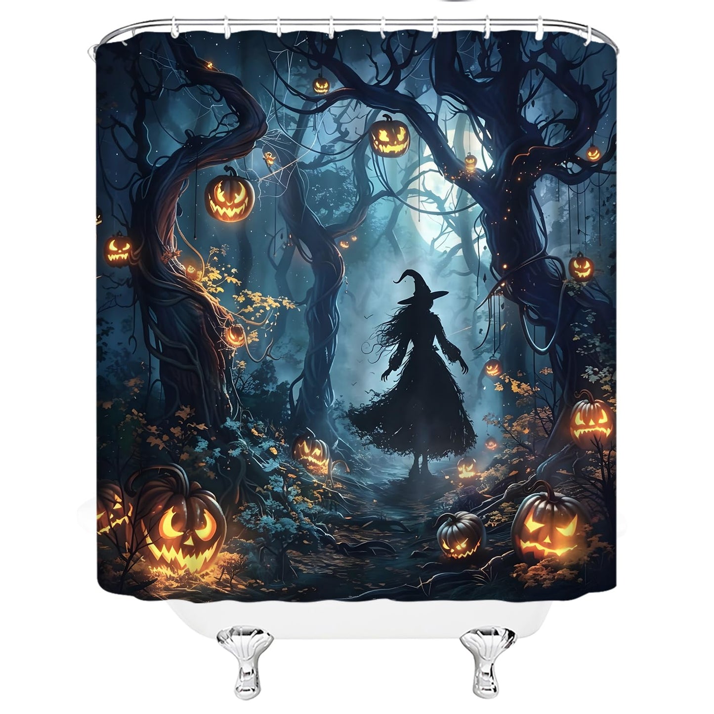 DSMEUE Halloween Witch Shower Curtain,Spooky Haunted Forest with Pumpkin Decor for Bathroom,Dark Gothic Blue Orange Fabric Curtain with Hooks,70x70 Inch