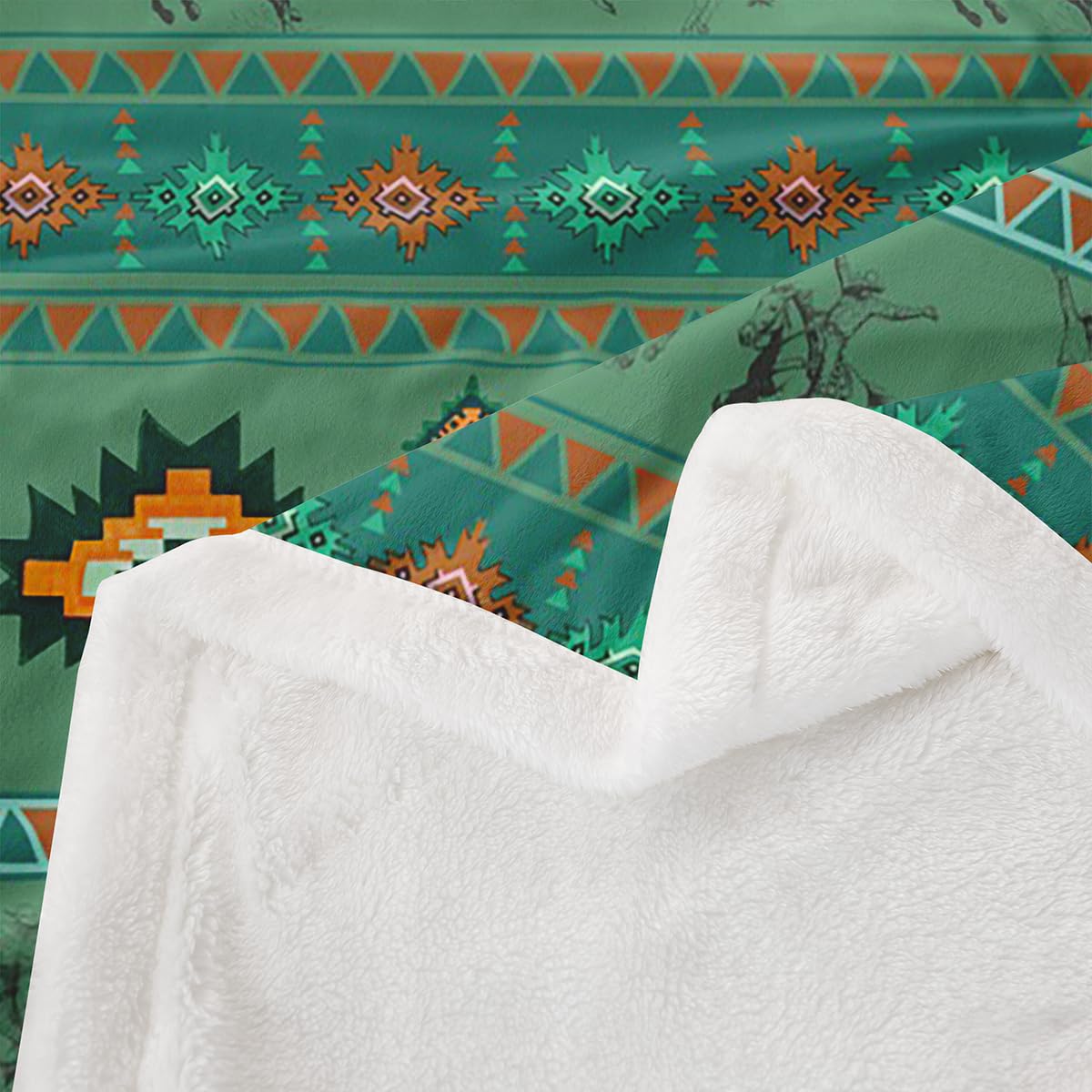 Feelyou Western Cowboy Throw Blanket Southwestern Aztec Pattern Fleece Sherpa Cozy Fuzzy Plush Warm Horse Riding Design Fuzzy Plush Throw Ranch Farmhouse 40"x50" Green Orange for Bed Couch Living Room