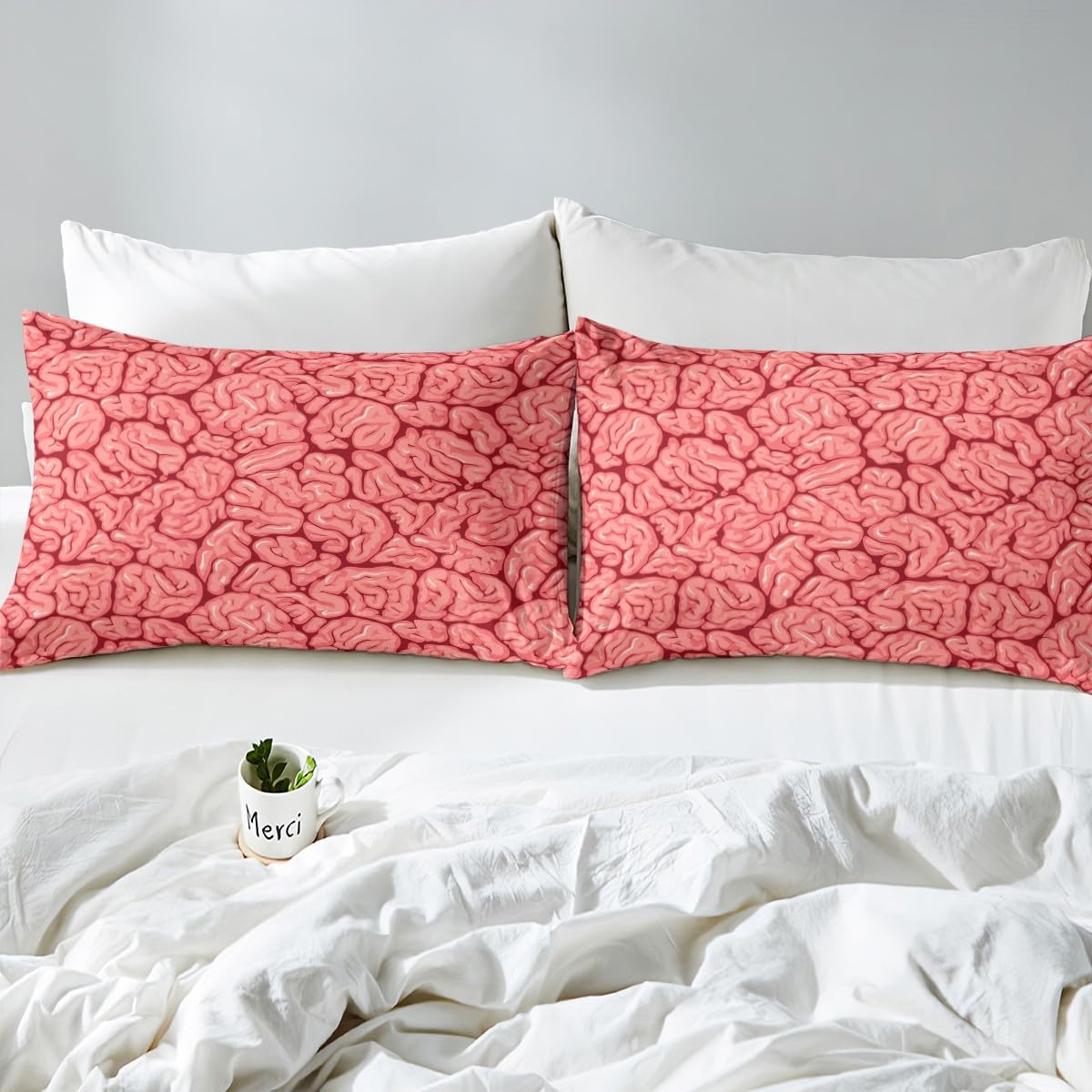 Feelyou Halloween Theme Bedding Set Queen Size Kids Pink Comforter Cover Set for Boys Girls Teens Brain Design Duvet Cover Human Brain Bedspread Cover（No Comforter