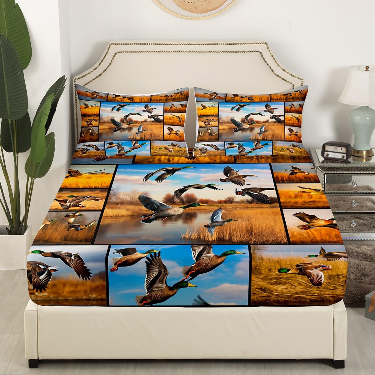 Duck Hunting Sheet Set for Teens Youth,Mallard Duck Bed Sheets Full Size,Nature Landscape Bedding Set,Woodland Farmhouse Animal Patchwork Fitted Sheet + Flat Sheet + 2 Pillow Shams Wrinkle Free
