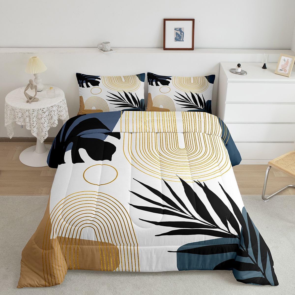Erosebridal Abstract Tropical Twin Bedding Set, Chic Boho Plant Palm Leaf Comforter Set for Adults, Bohemian Mid Century Simple Minimalist Comforter, Modern Geometric Lines Aesthetic Quilt