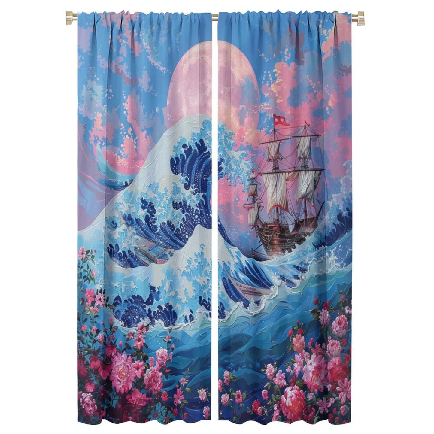 TOWINSFB Asian Sea Wave Blackout Curtains, Nautical Old Ship Floral Moon Home Decor Rod Pocket Window Drapes for Living Room Bedroom- 2 Panels, Each 21" W x 63" L