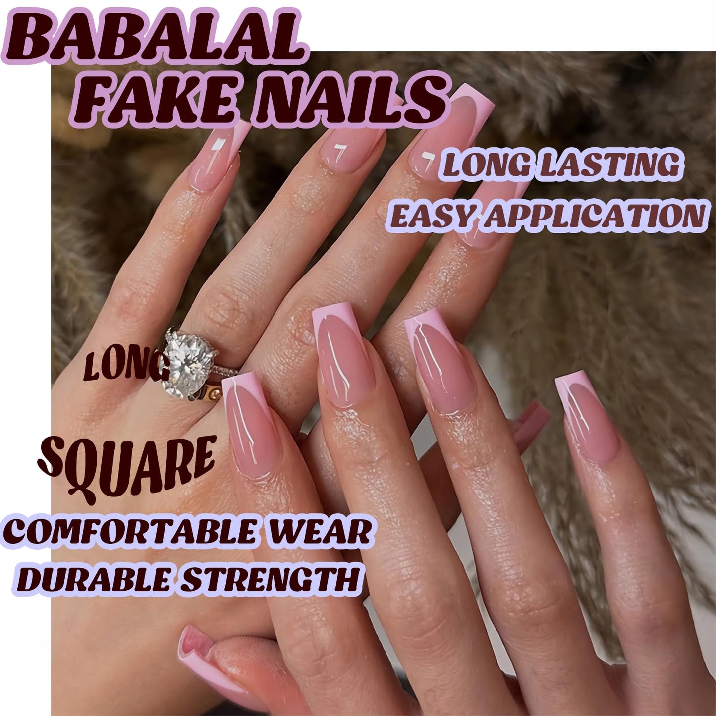 BABALAL Acrylic Press ons Nails Stick on Fake Nails - Pink French Tip, Long Square Artificial, 24Pcs Glossy Full Cover Reusable Natural False Nails for Women Girls