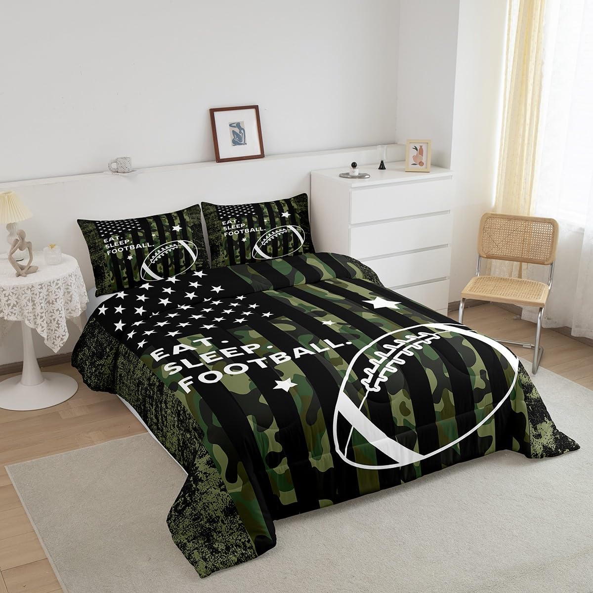 Feelyou Twin Football Bedding Set for Kids Toddler Camo American Flag Comforter Set for Boys Girls Rugby Sports Comforter Teens Soccer Duvet Set Microfiber Bed Set