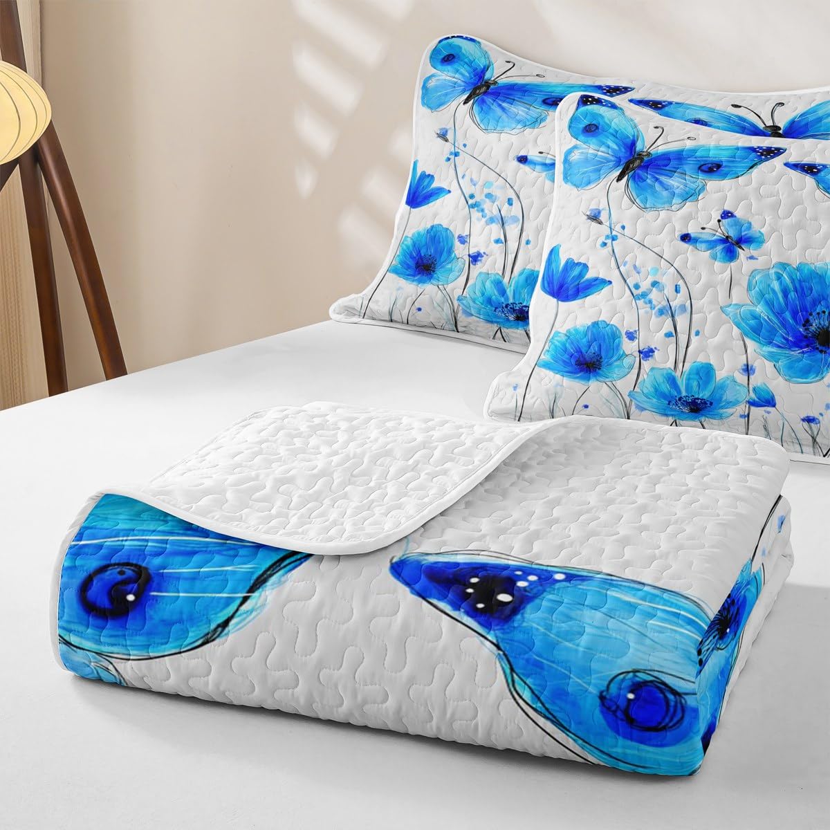 Erosebridal Butterfly Quilt Queen Blue Floral Quilt Set Rustic Flower Quilted Bedspread Retro Vintage Romantic Style Bedding Coverlet
