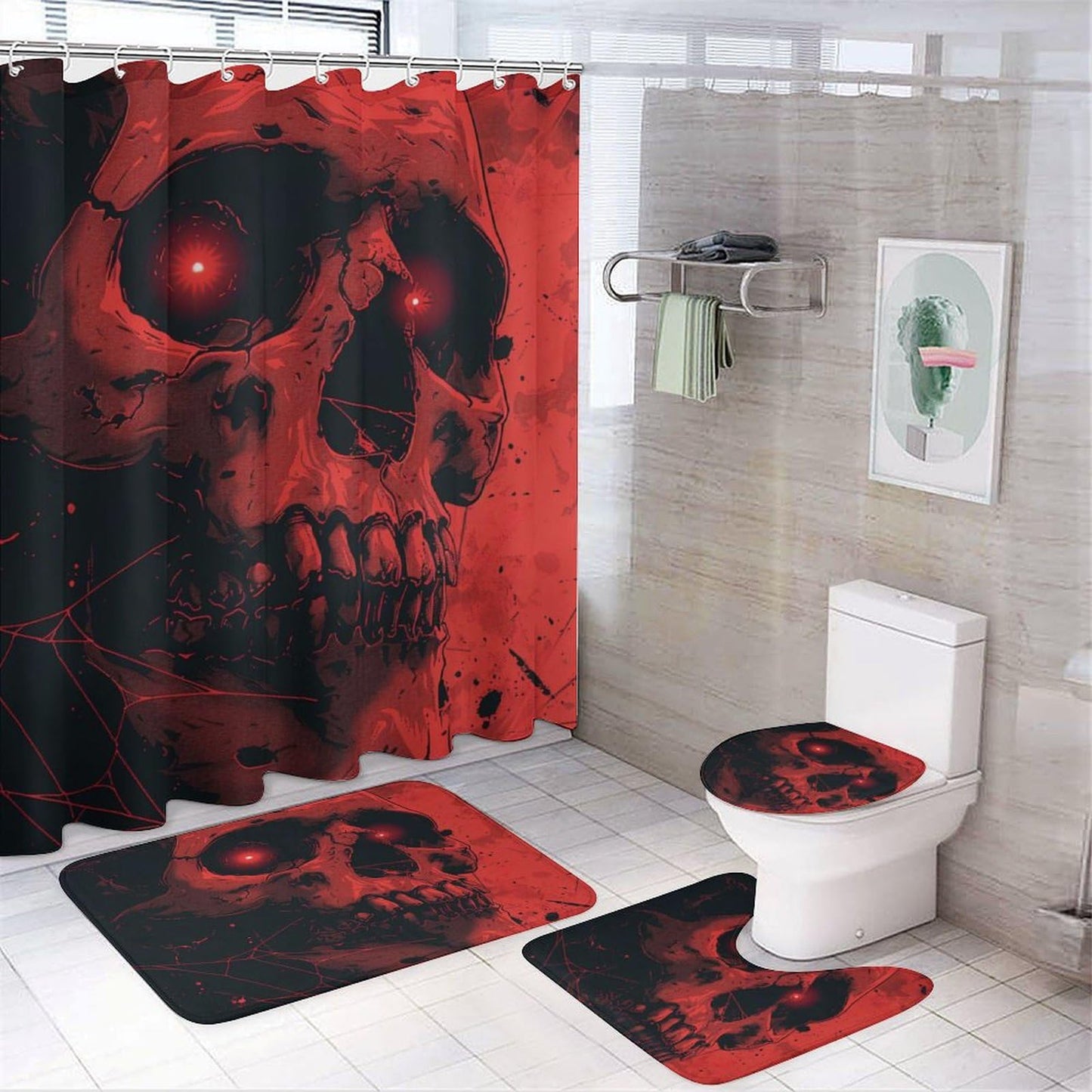 TOWINSFB 4Pcs Halloween Creepy Skull Shower Curtain Set with Toilet Lid Cover Non-Slip Rugs for Bathroom, Fantasy Red Gothic Skeleton Cobweb Shower Curtain Bathroom Sets with Hooks, 72x72 Inch