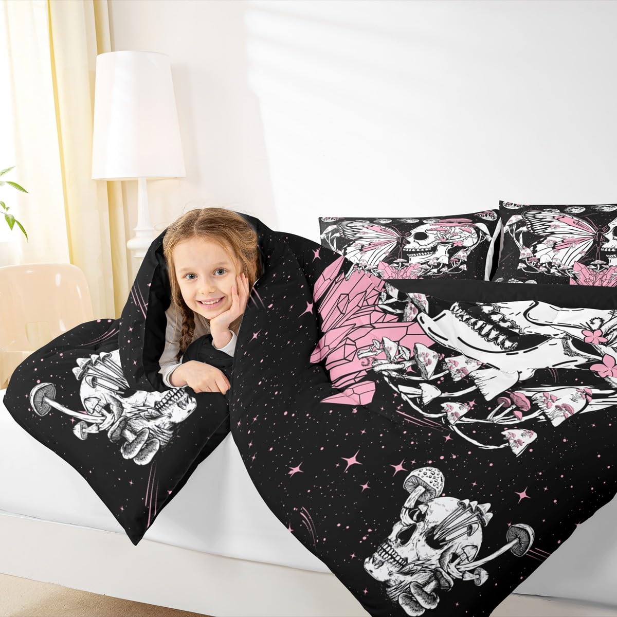Skull Skull Bedding Set Full Size Pink Butterfly Mushroom Comforter Set Starry Galaxy Moon Quilted Duvet 3pcs for Kids Teens Girls Boys Bedroom Decor Wild Animals Plants Bedspread,2 Pillowcases