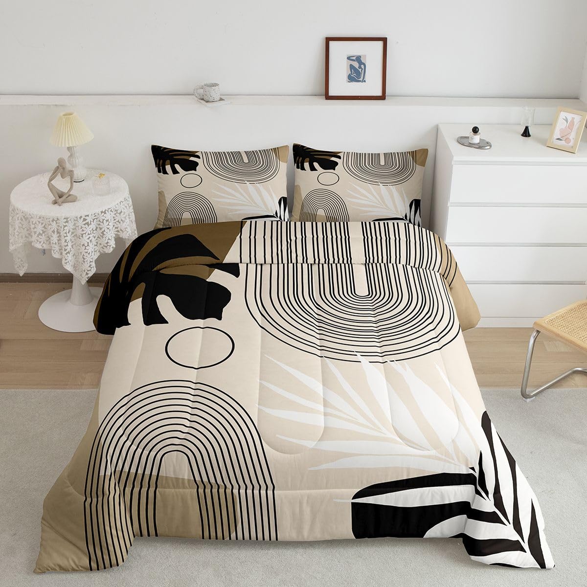 Erosebridal Boho Mid Century Twin Bedding Set, Modern Minimalist Comforter Set, Abstract Arch Geometric Comforter for Adults Teens Kids, Tropical Palm Leaf Aesthetic Quilt, Black Beige Brown