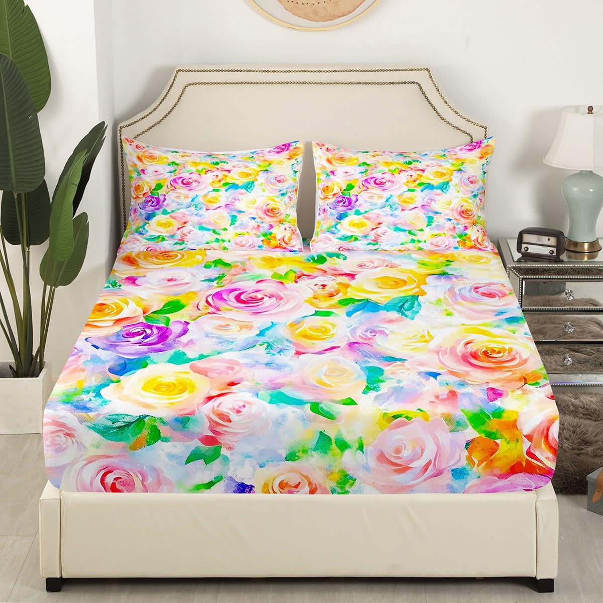 Feelyou Rose Flower Bedding Sheets Girls Women Like Full Yellow Pink Flower Bed Sheet Set Garden Flower Fitted Sheet Pretty Botanical Bed Cover 3Pcs,1 Fitted Sheet+2 Pillow Sham（No Flat Sheet）